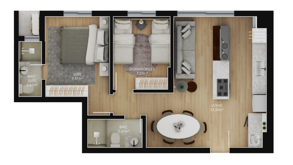 59m², 1 suíte + 1 dormitório com sacada integrada