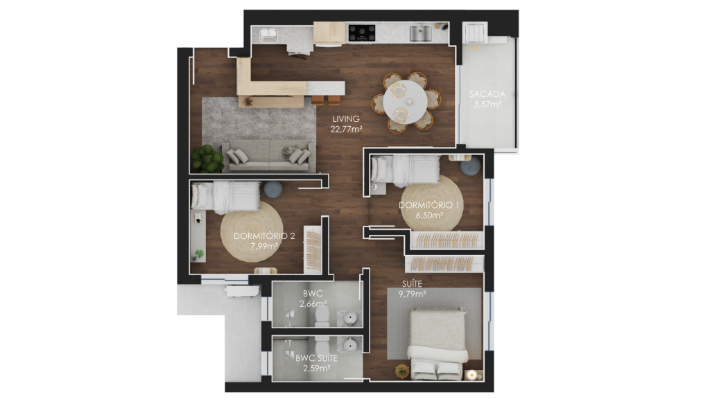 73m², 1 suíte + 2 dormitórios com sacada aberta
