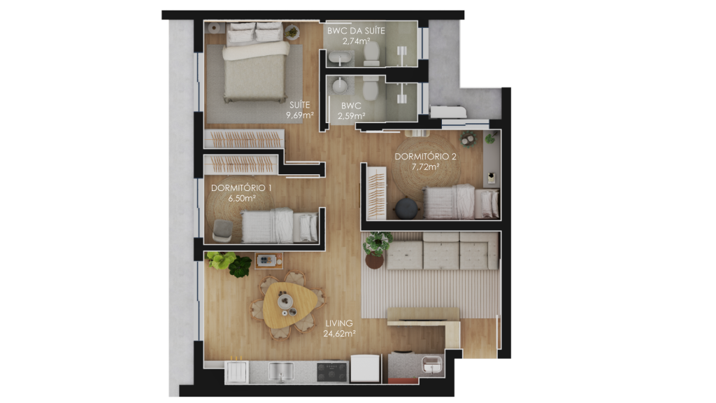 74m², 1 suíte + 2 dormitórios com sacada integrada