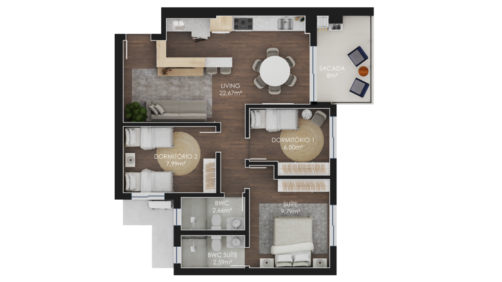 78m², 1 suíte + 2 dormitórios com sacada estendida