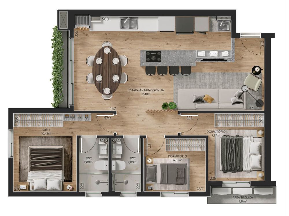 Planta baixa de um apartamento moderno com dois dormitórios, suíte, sala integrada com cozinha e área de serviço técnica.
