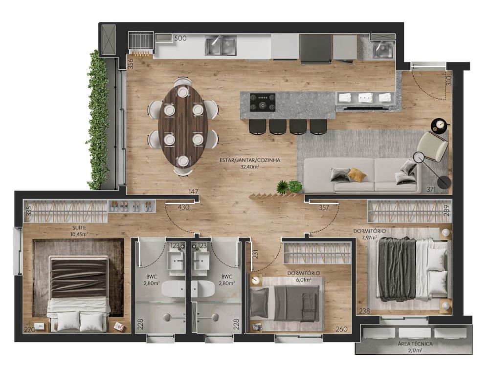 Planta baixa de um apartamento moderno mostrando a distribuição dos cômodos, essencial para quem deseja financiar apartamento na planta com segurança.