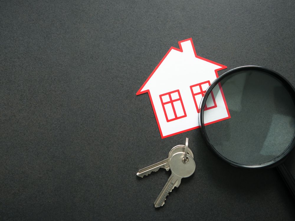 Chaves e lupa sobre ilustração de casa, representando busca por financiamento. Quanto preciso dar de entrada para financiar um apartamento?