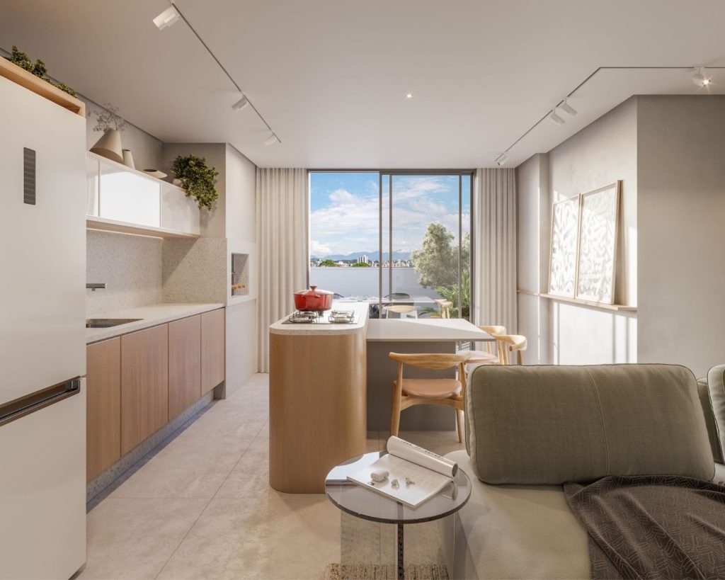 Interior moderno de apartamento com cozinha integrada e vista externa. Imóvel é um bom investimento? Entenda agora!