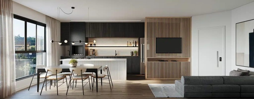 Sala de apartamento moderno e mobiliado em empreendimento localizado no Bairro América em Joinville.
