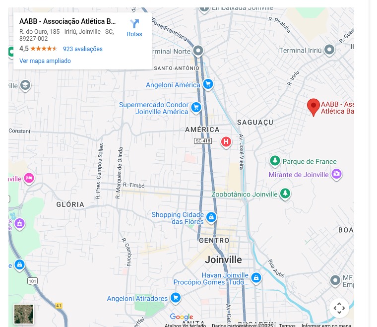 Mapa com localização, vias principais e pontos de referência do Bairro América em Joinville em Santa Catarina.