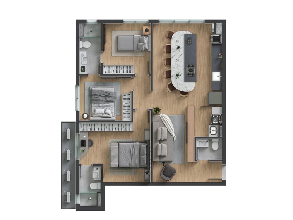 Planta humanizada de apartamento decorado, reforçando as vantagens de comprar apartamento na planta ao visualizar a distribuição dos ambientes.