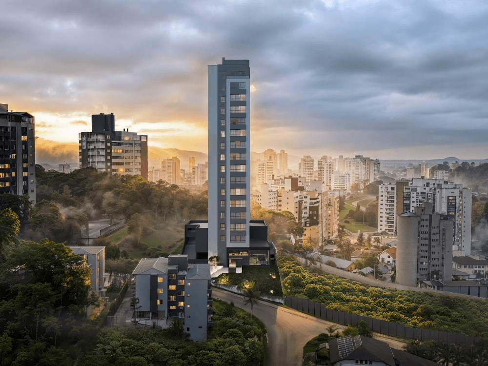 Empreendimento vertical em área valorizada da Quadra Cultural de Joinville cercado por prédios e áreas verdes.
