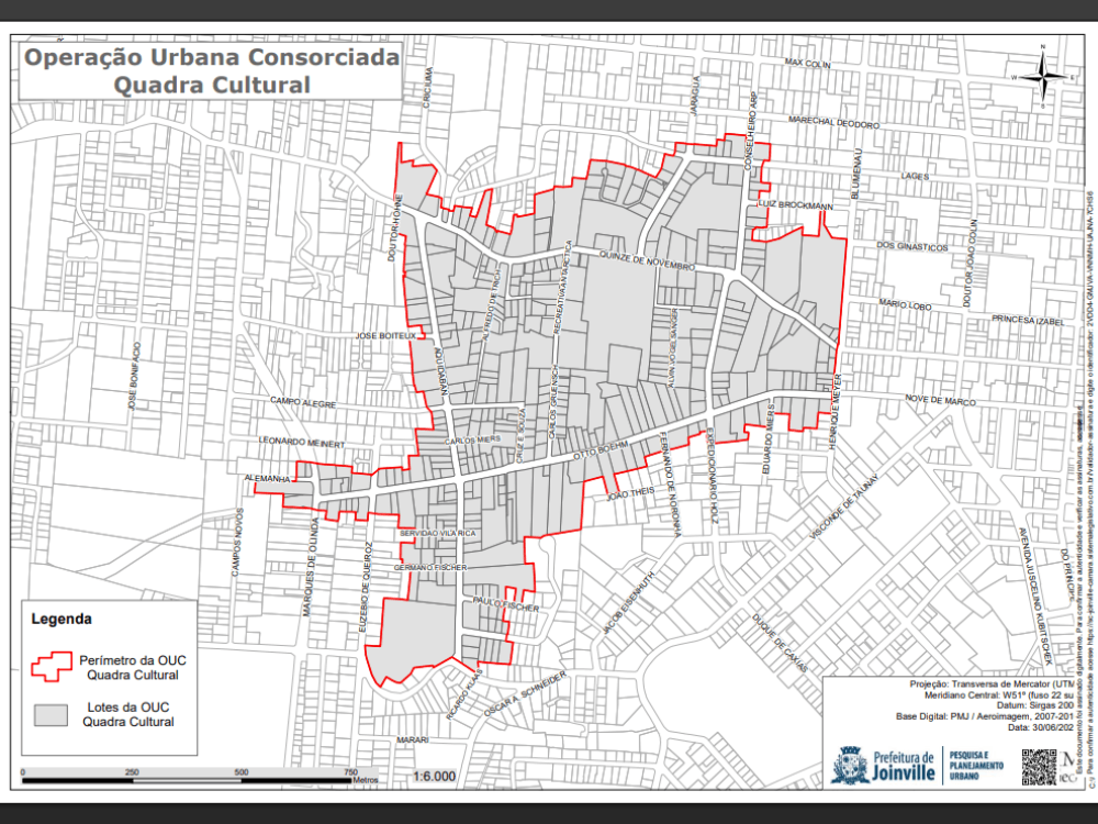 Mapa da Operação Urbana Consorciada Quadra Cultural Joinville indicando o perímetro da área de intervenção.