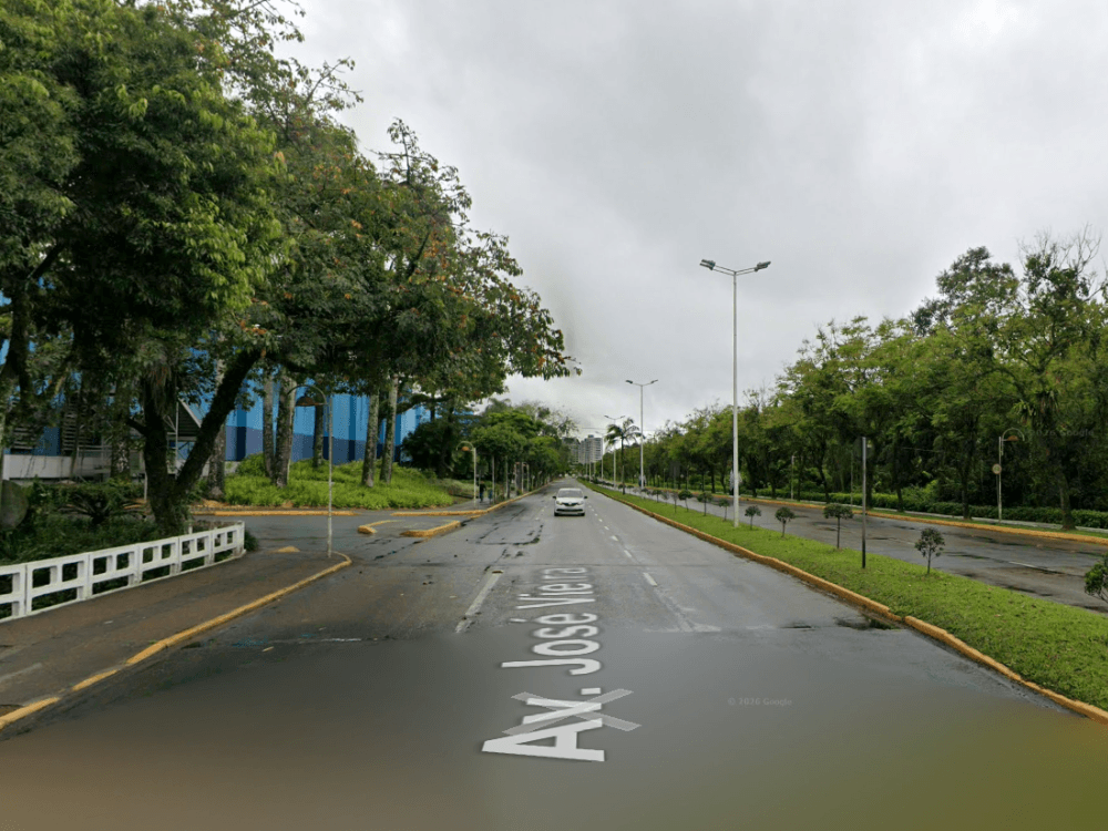 Avenida arborizada no bairro América, em Joinville, com canteiros e ampla área verde em ambos os lados.