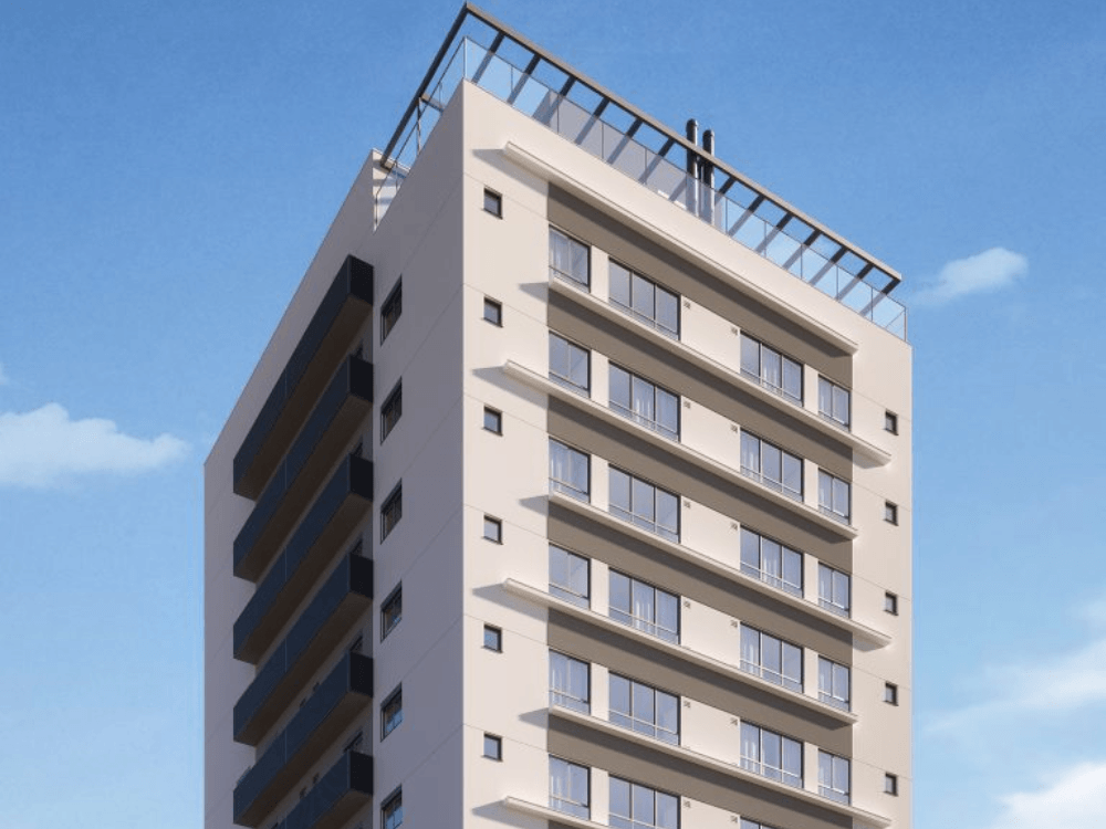 Fachada de edifício residencial moderno no bairro América, em Joinville, com arquitetura contemporânea.