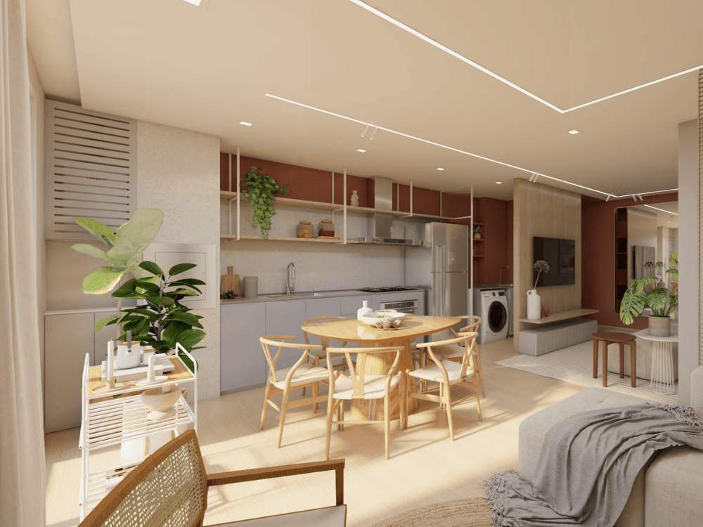 Interior residencial com cozinha integrada, mesa de madeira, plantas, iluminação suave e decoração que valoriza materiais naturais.