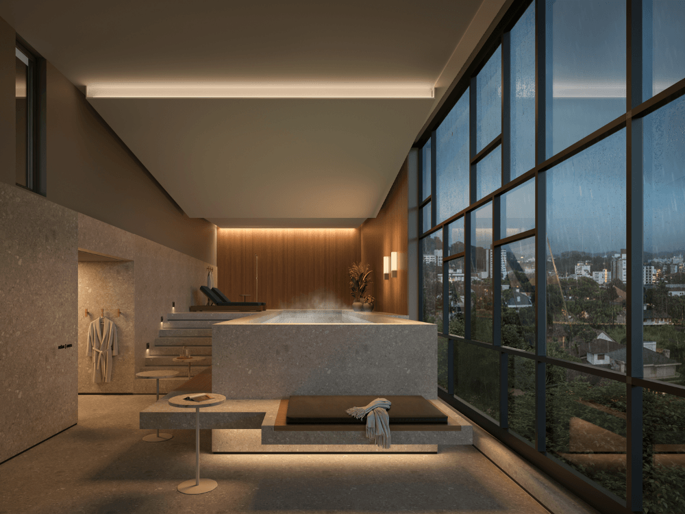 Área interna sofisticada com piscina, iluminação indireta, revestimentos naturais e grandes janelas voltadas para uma paisagem urbana.