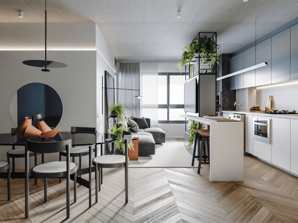 Apartamento moderno integra sala, cozinha e área de refeições, com iluminação natural, plantas e decoração contemporânea.