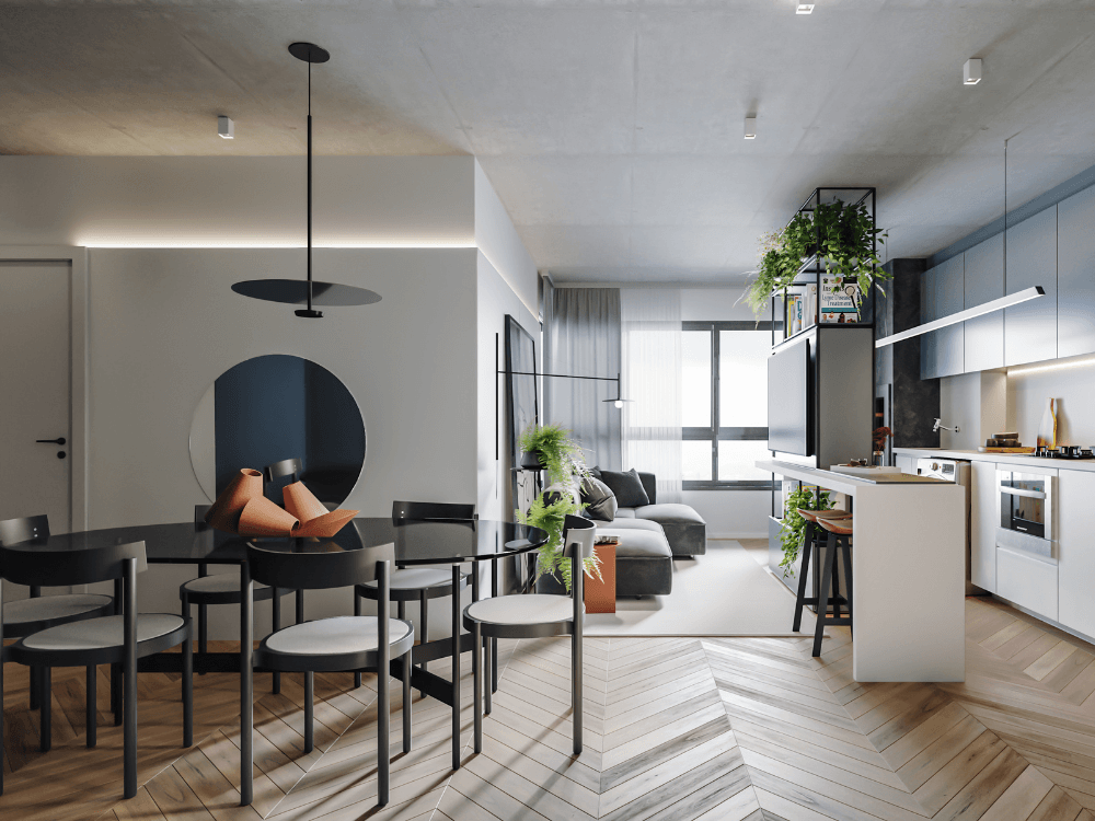 Apartamento contemporâneo com sala de jantar, sofá e cozinha planejada integrada, destacando o aproveitamento dos espaços internos.