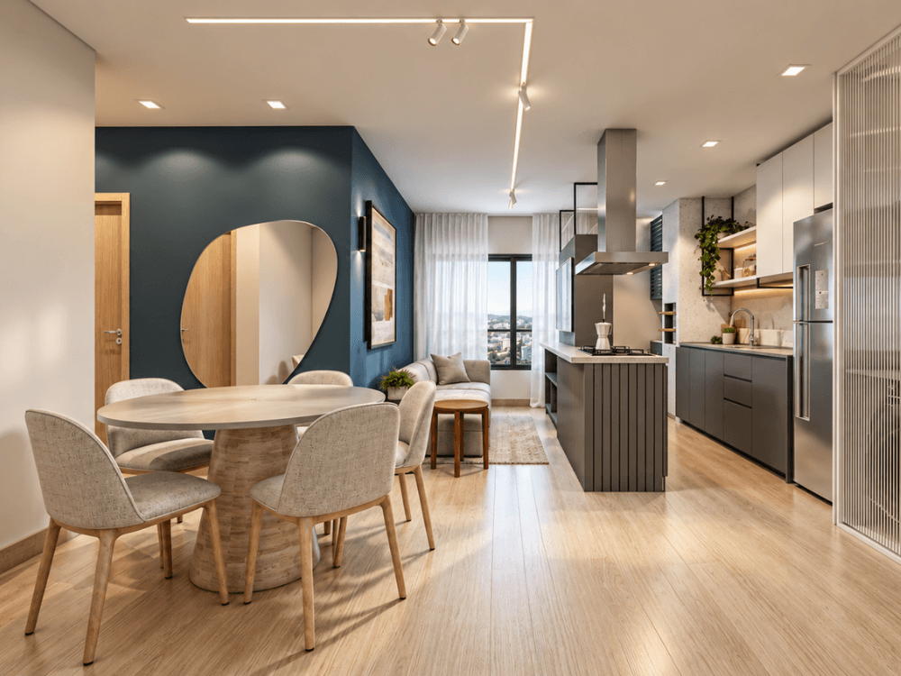 Apartamento moderno com sala de jantar e cozinha integrada, mostrando características de um imóvel residencial para investimento imobiliário. Tudo para explicar como investir no mercado imobiliário.
