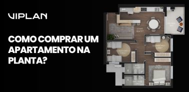 Imagem ilustrativa de planta de apartamento com o texto "Como comprar um apartamento na planta?", ideal para explicar o processo de compra e planejamento.