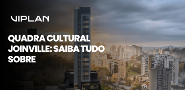 Vista urbana da região da Quadra Cultural em Joinville com edifícios modernos e destaque para novo empreendimento residencial.